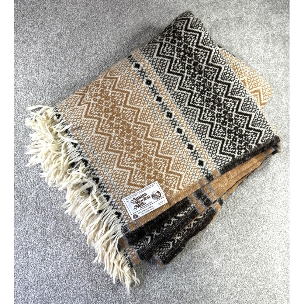 Amana Woolen Mills 100% Virgin Wool Blanket Geometric Southwestern USA 70x53
